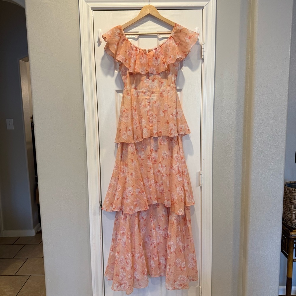 Vintage 70s Maxi Tiered Women’s Small Pink Floral Ruffle Off Shoulder Coquette - Picture 3 of 10